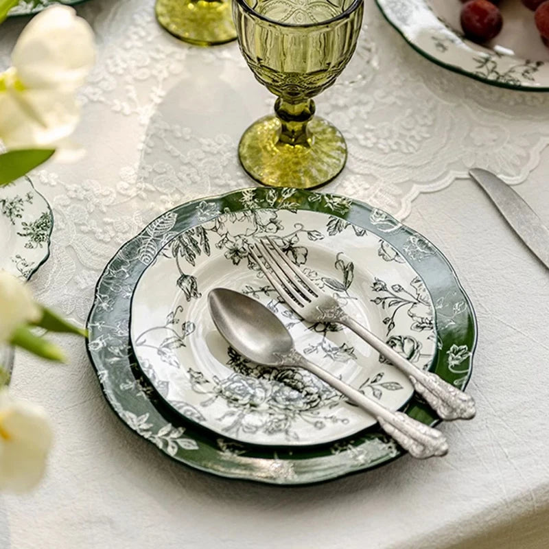 Retro Rose Flower Ceramic Plate Exquisite Chinese Style Dining Plates Delicious Dishes Soup Plate Rice Bowls Household Tableware