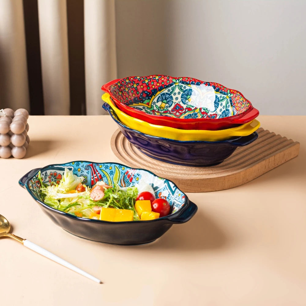 2025 New Bohemian Egg-shaped Ceramic Baking Pan Pasta Plate Fruit Salad Plate Colorful Combination Set 9 inch