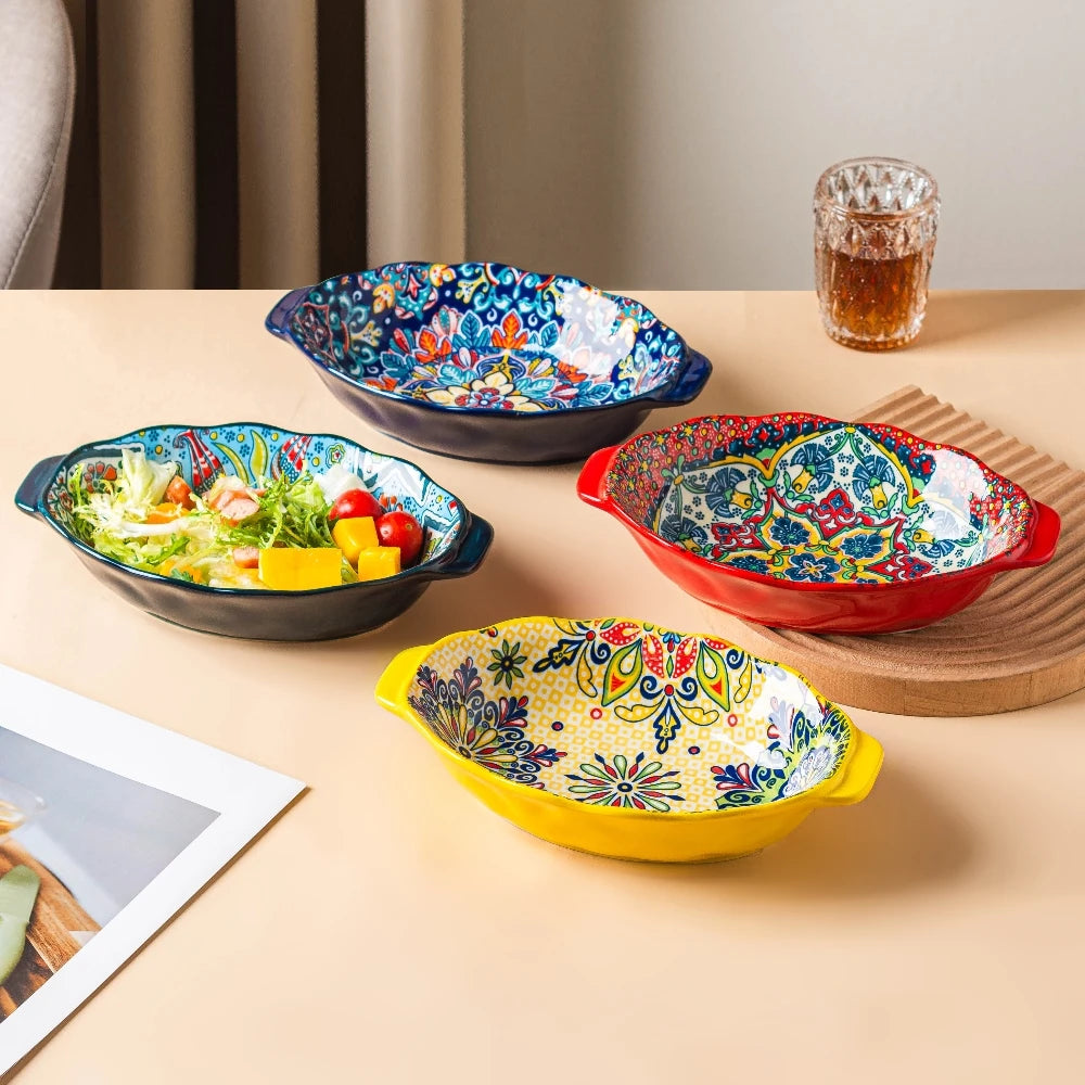 2025 New Bohemian Egg-shaped Ceramic Baking Pan Pasta Plate Fruit Salad Plate Colorful Combination Set 9 inch