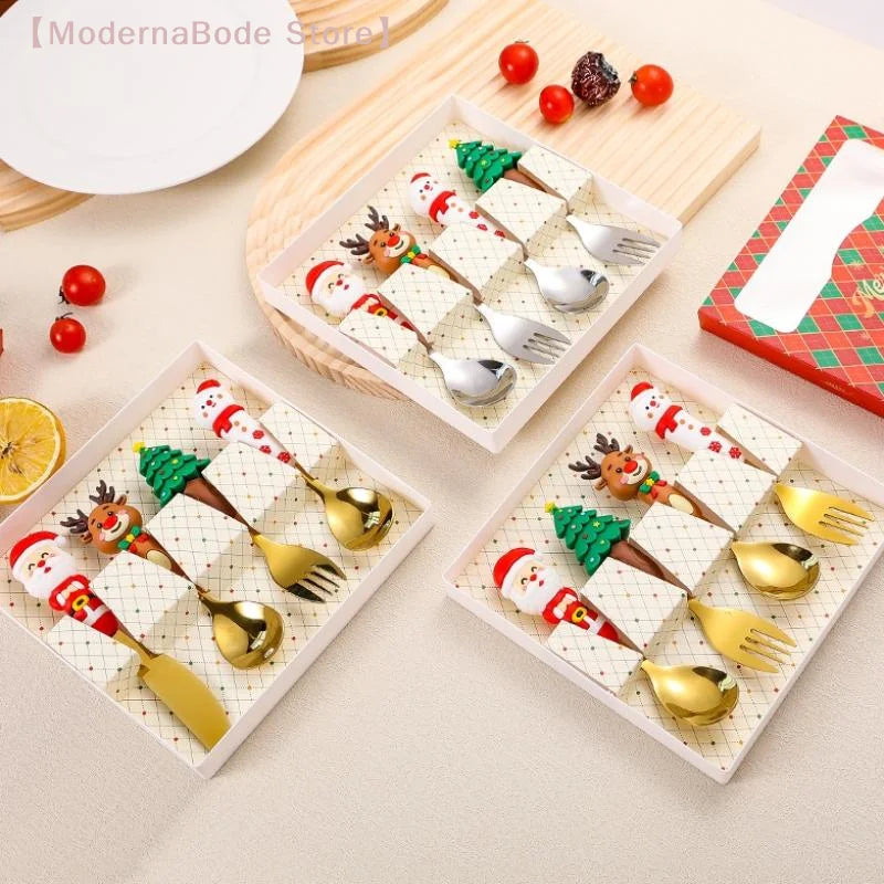 【M】4pcs Christmas Fork And Spoon Set Cutlery Stainless Steel Creative Tableware Coffee Tea Dessert Forks And Spoons Gift Set