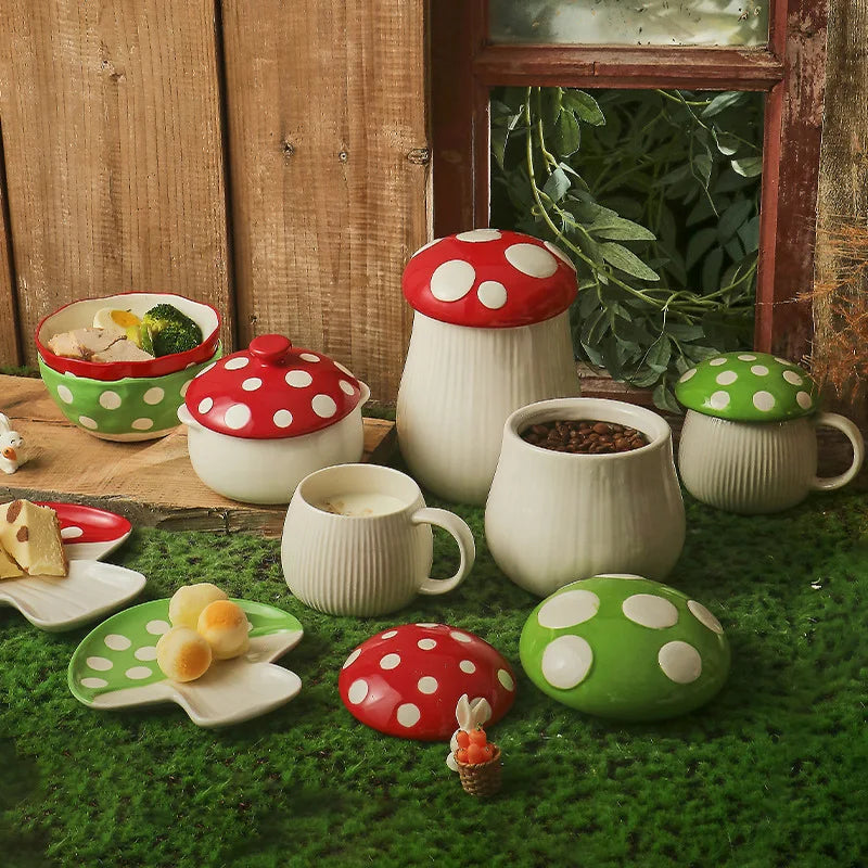 Ceramic Mushroom Coffee Mug Cartoon Water Kettle with Lid Cute Breakfast Milk Cup Tableware Home Teapot Plate Bowl Birthday Gift