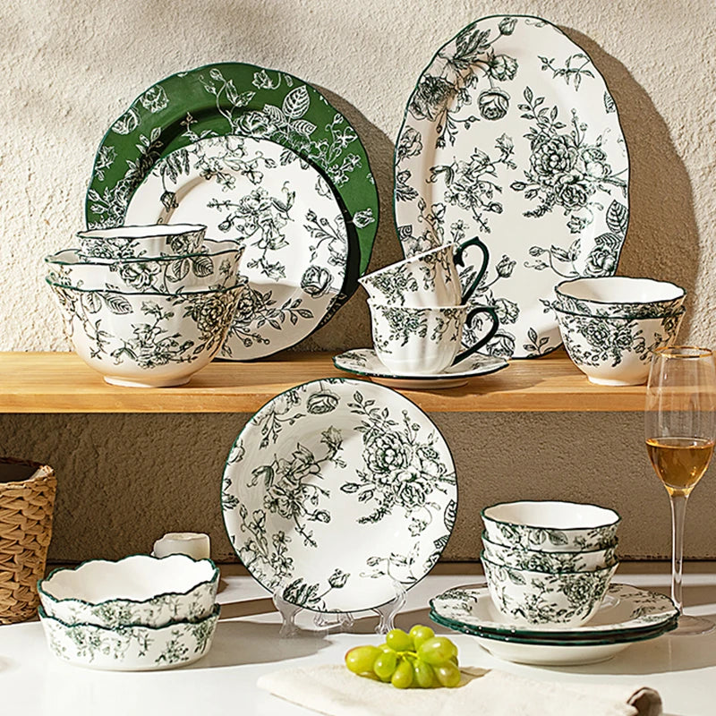 Retro Rose Flower Ceramic Plate Exquisite Chinese Style Dining Plates Delicious Dishes Soup Plate Rice Bowls Household Tableware