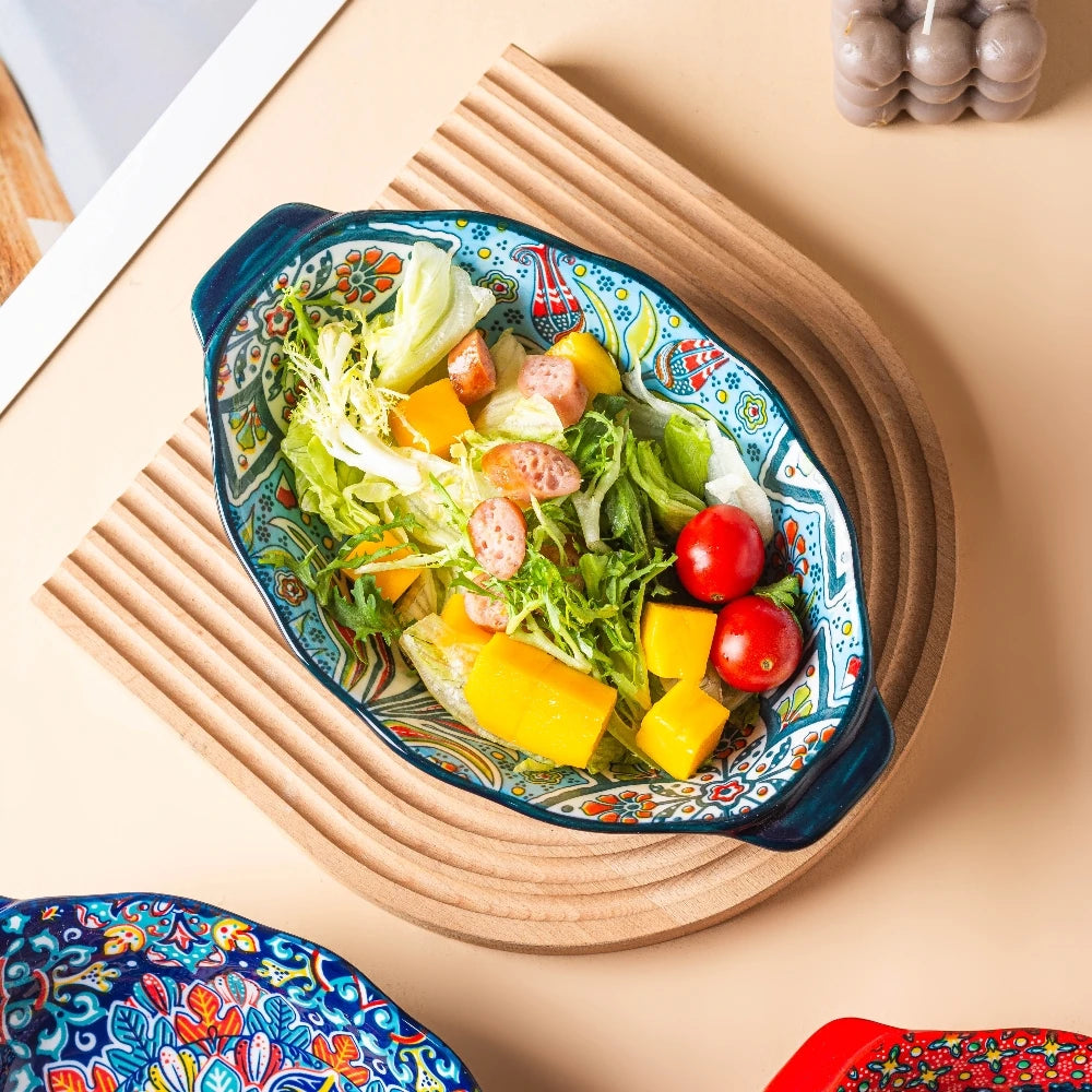 2025 New Bohemian Egg-shaped Ceramic Baking Pan Pasta Plate Fruit Salad Plate Colorful Combination Set 9 inch